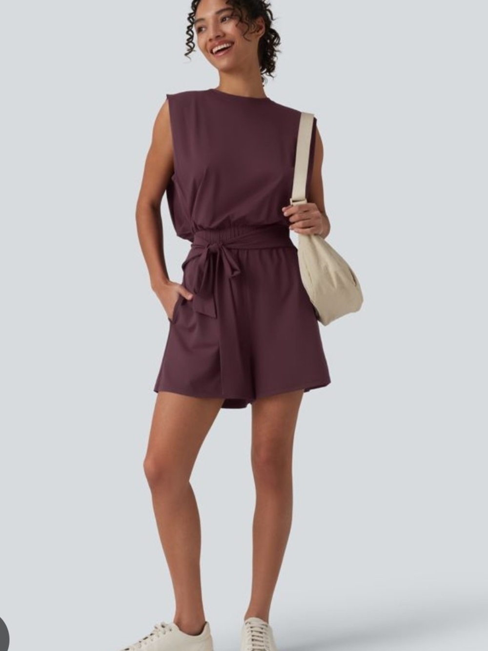 Banana Republic Sleeveless Tie-Waist Romper in Pinot Noir